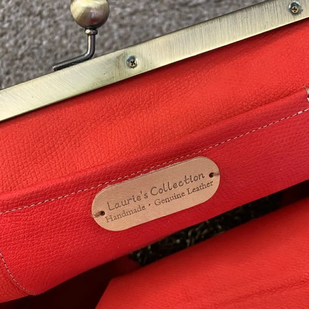Handmade Genuine Ostrich Textured Cowhide, Wood Handle Kisslock Metal Frame Bag
